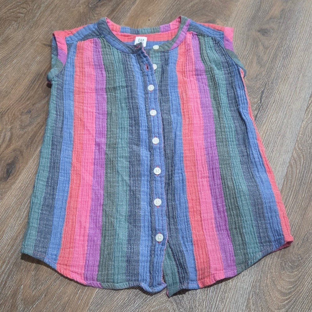 Gap Kids Girls Small 6-7 Rainbow Stripe Gauze Sleeveless Button Down Shirt Top